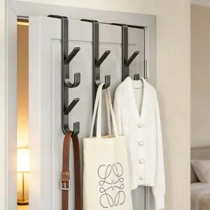 1pc Over-the-Door Vertical Bar Organizer Hook with 7 Hooks, Thickened Carbon Steel No-Drill Back-of-Door Coat and Hat Rack, Multi-Size Storage, No Drilling Required, Casual Style, Solves Clutter and Space Issues, Space-Saving Organizer for Bathroom