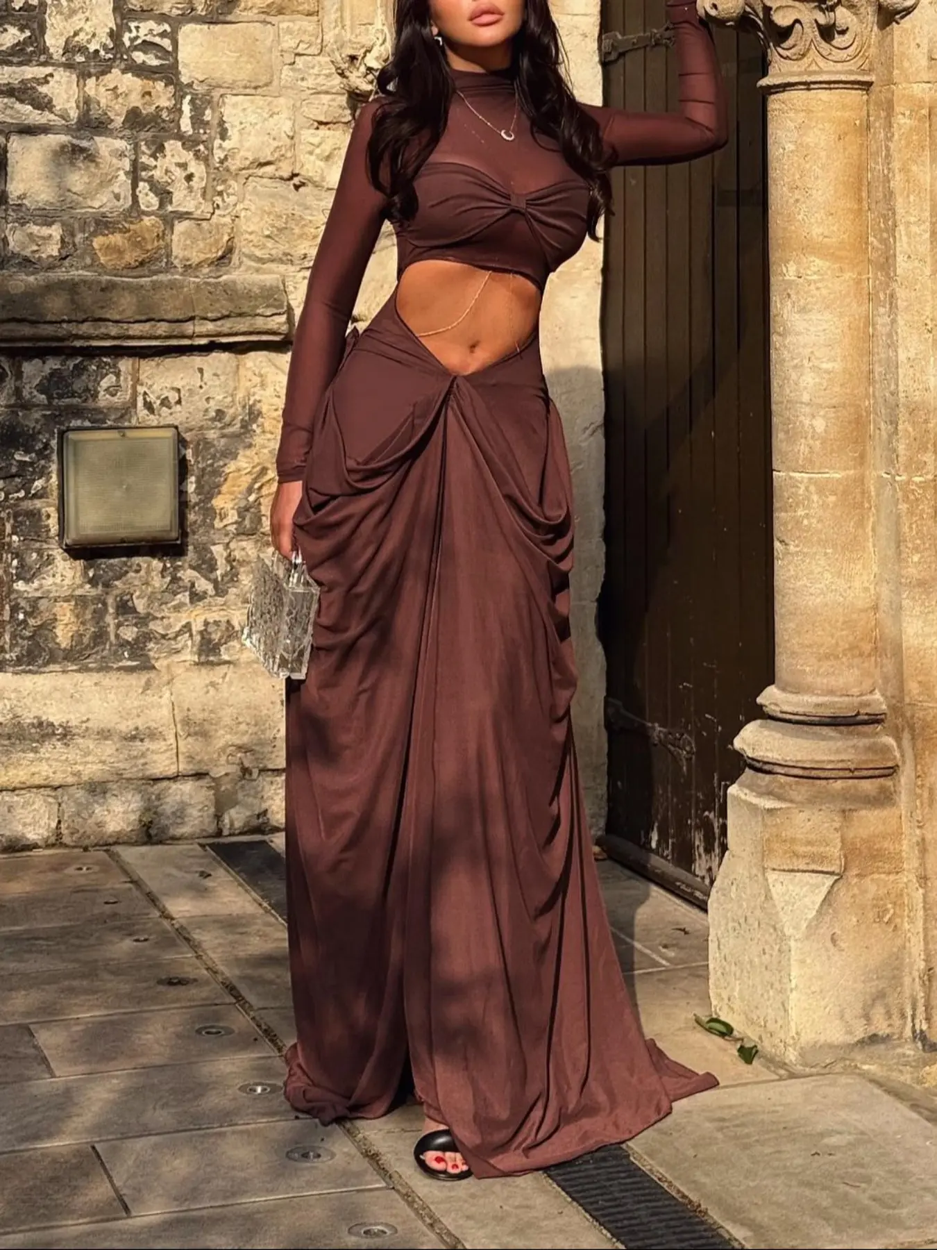 Elegant Fall Women's High Neck Bodycon Dress, Sexy Hollow Out Split Long  Dress, European Style Slim Fit Fashion, Womenswear - TikTok Shop