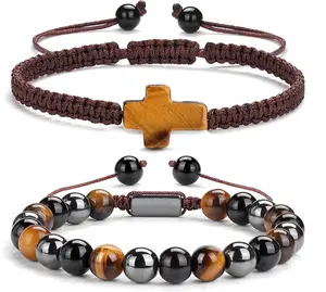 2 pcs Cross Beaded Bracelets for Men,8mm Black Obsidian Tiger eyes Hematite Mens Triple Protection Bracelet Set Fathers Day Birthday Jewelry Gifts