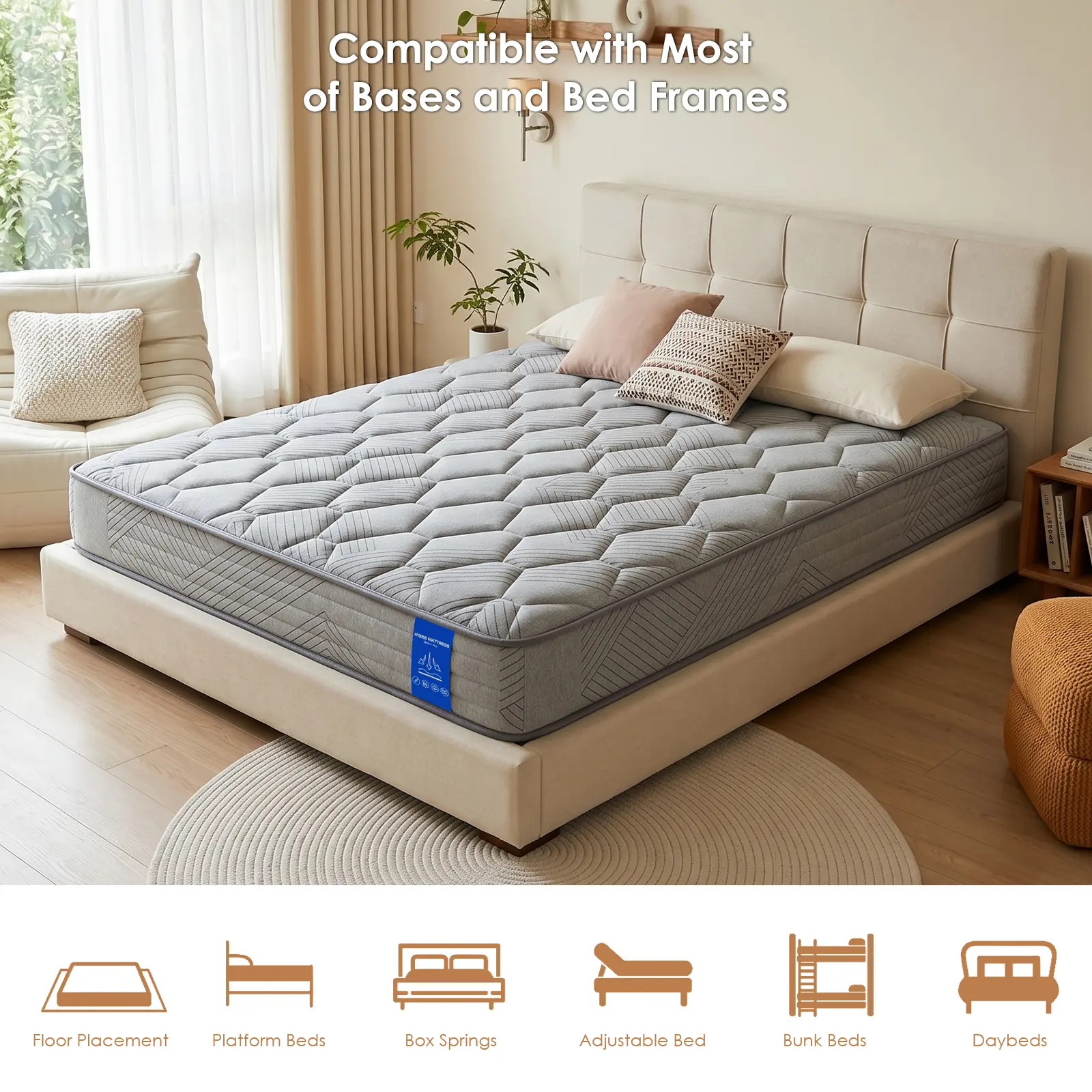 【Summerwins】12" King Hybrid Mattress - Medium+Firm, High Quality, Motion Isolation, Back Pain Relief, Premium Memory Foam, Independent Spring, Fiberglass-Free Mattress, High Quality Mattress