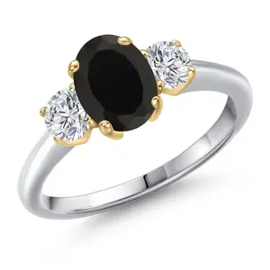 Gem Stone King 925 Silver and 10K Yellow Gold Black Onyx and Lab Grown Diamond Engagement Ring For Women | 2.14 Cttw | Oval 8X6MM | Gemstone December Birthstone
