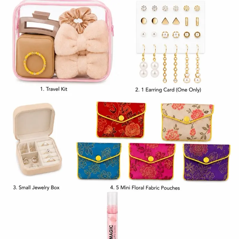 Women's Travel Essentials Gift Box - Travel Kit, Jewelry Box, Earring Set, 5 Mini Floral Pouches, Magic Lip Gloss