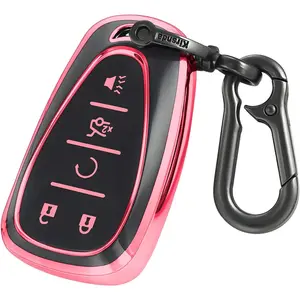 for Chevrolet key fob cover case with keychain,Soft TPU key Shell/skin,5-Buttons fit chevy Malibu Camaro Blazer Cruze Sonic Volt Equinox Spark Remote Key Vehicle Accessories(Pink)