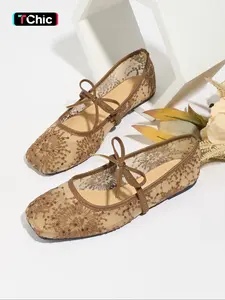 Women's Embroidery Lace Mesh Ballet Flats, Elegant Square Toe Flat Shoes for Party, Daily Clothing Decor, Lightweight Breathable Comfortable Shoes for Women & Girls, Footwear