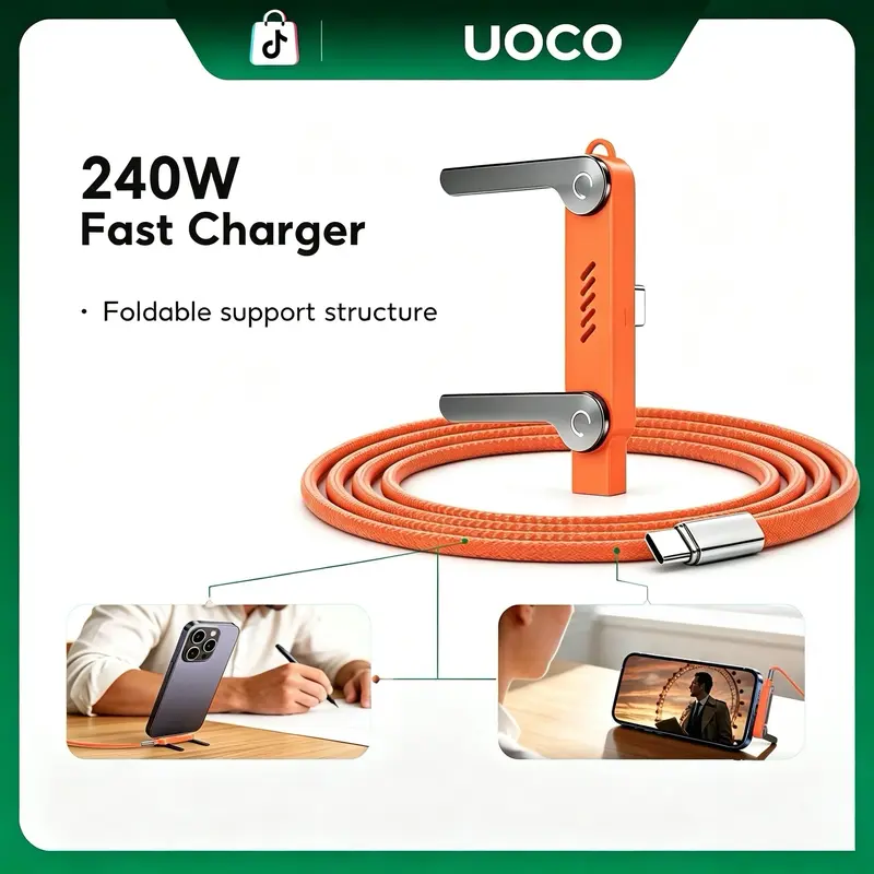 240W USB-C Fast Charging Cable with Foldable Phone Stand Keychain, 2-in-1 Liquid Silicone Charger Cord for iPhone 15 16 Samsung Android Travel Gaming Durable Connector