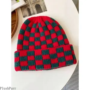 Unisex 2026 Fall-Winter Beanies - Cozy Fitted Colorblock Plaid Knit Cap, Soft Stretch Warm Wool Fabric, Adjustable Heart Design Denim-Base Western Newsboy Hat for Outdoor Activities, Christmas Outfits
