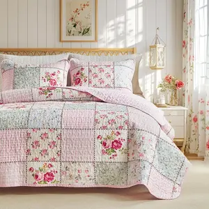 Floral Cotton Set, Pink Aqua Flowers Grid Patchwork for, 3 Pieces Queen Size Bedding Set, Soft n Cozy Bedspread Bed Cover for All Season- 90x90 inches