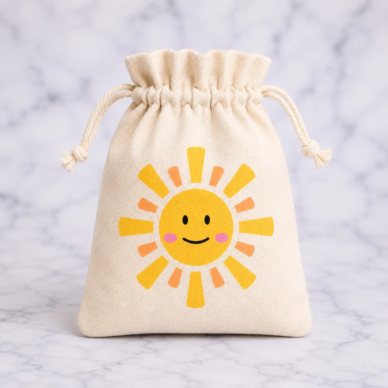 Natural Cotton Drawstring Bag with Smiling Sun Artwork - Lightweight 6x5” Small Pouch for Summer Party Favors, Stickers, Treats & Gifts