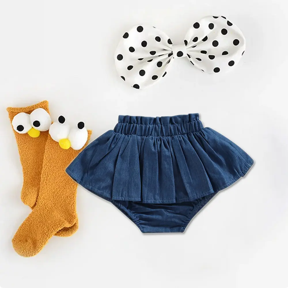 Girls' Pleated Denim Skort with Elastic Waist, Solid Blue Summer Casual Bottoms for Baby and Toddler Girls, Baby Clothes Girl