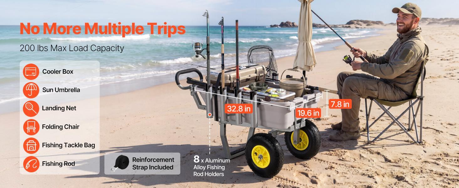 【FathersDayGift】VEVOR Beach Fishing Cart, 200 lbs Load Capacity, Foldable Fishing Cart with Heavy-Duty Aluminum Alloy Frame, 13-Inch All-Terrain Tires, 8 Rod Holders, Strap, Easy to Clean, for Outdoor Camping Picnic 【FathersDayGift】VEVOR Beach Fishing Cart, 200 lbs Load Capacity, Foldable Fishing Cart with Heavy-Duty Aluminum Alloy Frame, 13-Inch All-Terrain Tires, 8 Rod Holders, Strap, Easy to Clean, for Outdoor Camping Picnic