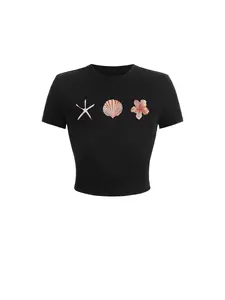 Women's Round Neck Patterned Printed Cropped T-Shirt, Casual Fitted Short Sleeve Top, Spring & Fall Fashion, Perfect for Daily Wear