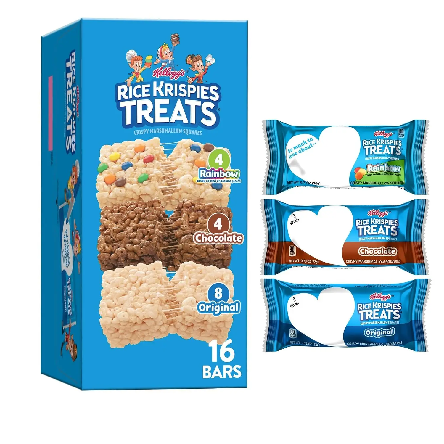 Rice Krispies Treats Crispy Marshmallow Squares, Kids Snacks, Cereal Bars, 3-Flavor Variety Pack, 12.1oz Box (16 Bars)