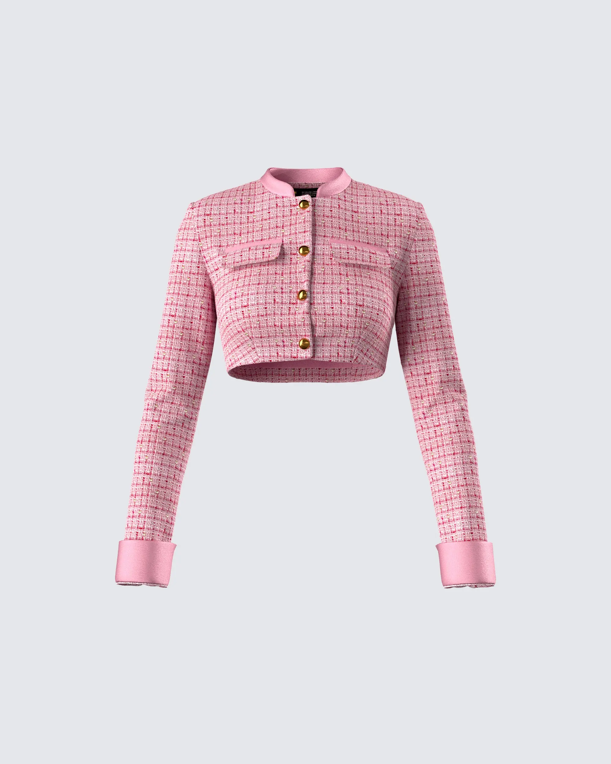 Women's Cropped Tweed Jacket in Pink, Long Sleeve Elevated Casual Polyester Top with Pockets