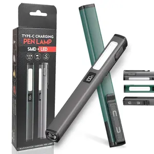 1 X Powerful Rechargeable Flashlight, High Brightness COB Pen Shape, Maintenance LED Light, USB Rechargeable, Strong Magnetic Illumination, Green/ Gray, Multi-functional Overhaul Worklight, Without Battery