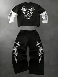 Men's Two-Piece Long Sleeve Set, Menswear Outfit Fashion Print Top + Drawstring Sports Trouser Pants, Comfortable Fitted Casual Wear, Spring & Fall