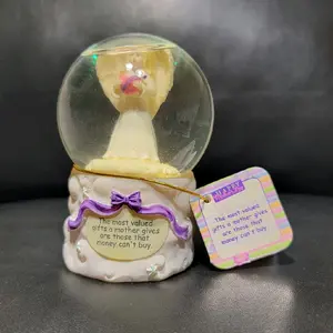 Vintage Glitter Snow Globe Angel Holding Pink Heart Mother's Day Novelty Gift with Decorative Elements and Message