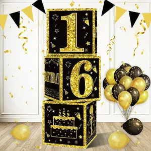 3-Piece 16th Birthday Party Supplies Set,16th Birthday Decorations,3pcs Sweet 16th Birthday Cardboard Boxes, Black Gold Happy 16 Bday Balloons Boxes, Festive Party Supplies for Girls ,16th Birthday Party Activities Use)