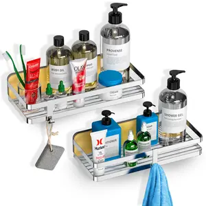 Royal Craft Wood Shower Caddy Bathroom Shelf, Bathroom Storage Organizer, Shower Shelf with 2 Hooks, Easy Adhesive Installation for Home & Bathroom Use (2 Pack-Silver)