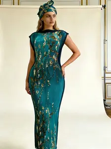Emerald Green Floral Print Pleated Bodycon Maxi Dress with Matching Headscarf – Sleeveless Glam Formal Set, Viral Party Outfit, Head-to-Toe Statement Look for Weddings, Galas & Special Events – Luxury Fashion Must-Have