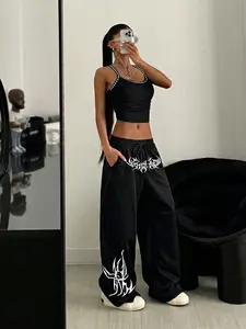 Y2K Gothic Flame Print Wide Leg Sweatpants for Women, Womenswear, E-girl Streetwear Aesthetic, High Waist Drawstring Baggy Track Pants, Soft Comfy Cotton Blend Casual Trousers, Graphic Lounge Pants for Hip Hop Dance, Street Style & Daily Wear