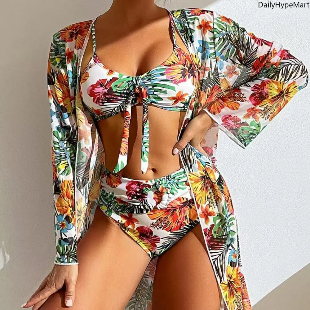 Women's 3-Piece Printed Bathing Suit Set, High Waisted Tummy Control Bikini Swimwear with Sleeveless Cover Up, Tummy Control Swimwear, Bathing Suits, Three Pieces