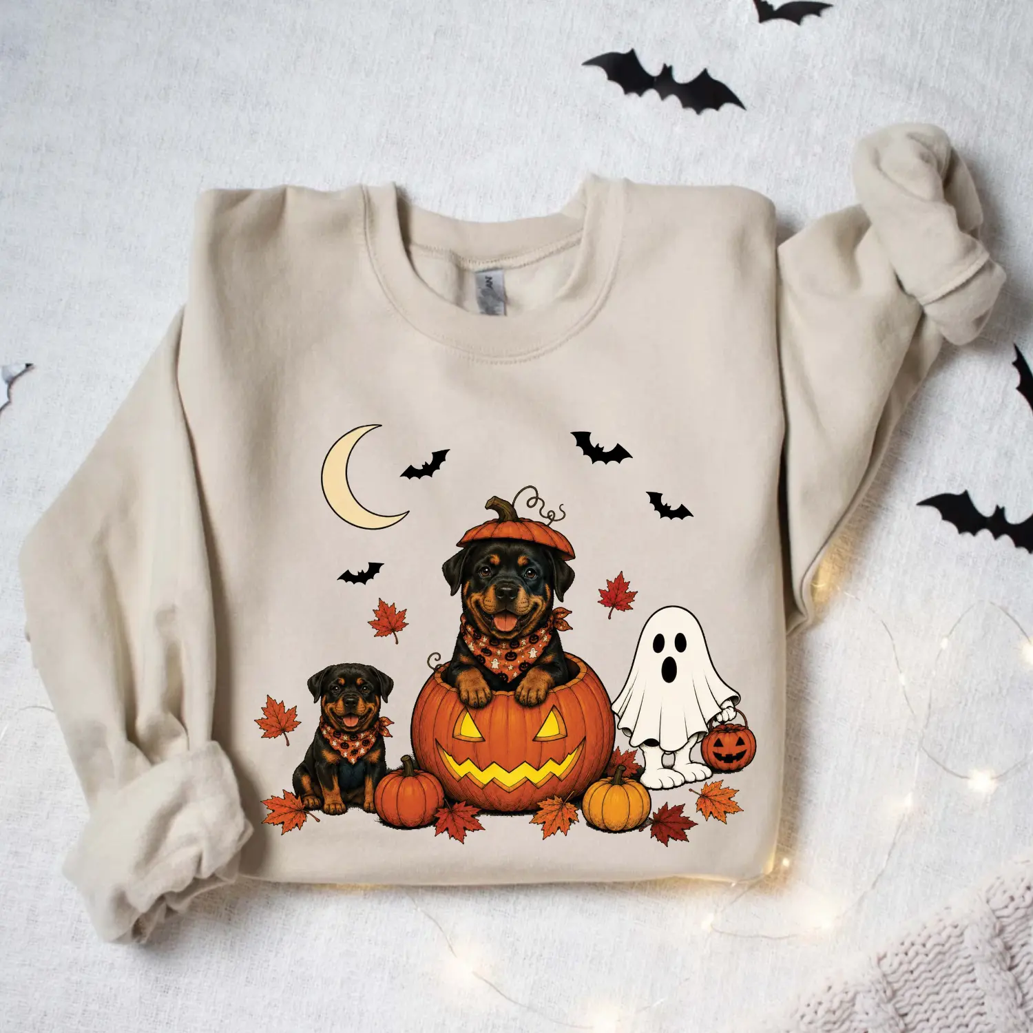 Rottweiler Halloween Sweatshirt, Cute Rottie Pumpkin Ghost Crewneck, Spooky Fall Dog Graphic Pullover, Rottweiler Mom Dog Lover Halloween Gift