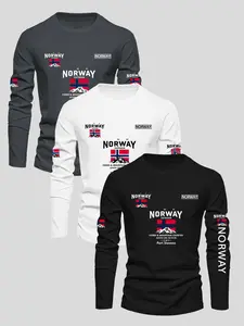 🏔️🔥3 Pack Norway Graphic Long Sleeve Casual Tees | Scandinavian Outdoor Adventure Tops | Norwegian Flag & Mountain Print Shirts | Versatile Everyday Outfits