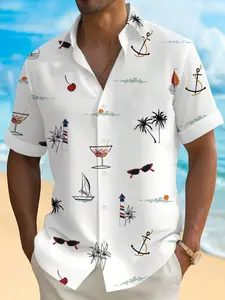 Men's Fashion Casual Short Sleeve Hawaiian Shirt, Menswear, Fitted Tropical Palm Tree and Geometric Print, Perfect for Beach and Summer Holidays，Limited-time offer, fast shipping