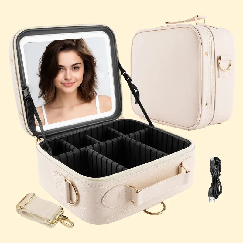 Waterproof PU LED Makeup Mirror Backpack – White | Touch Light + All-in-One Storage + Convertible Straps