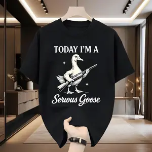 [ Cotton] Graphic Tee With Serious Goose Print, Merging Quirky Animal Art And Funny Slogan, A Standout Casual Wear T-Shirt For Men And Women