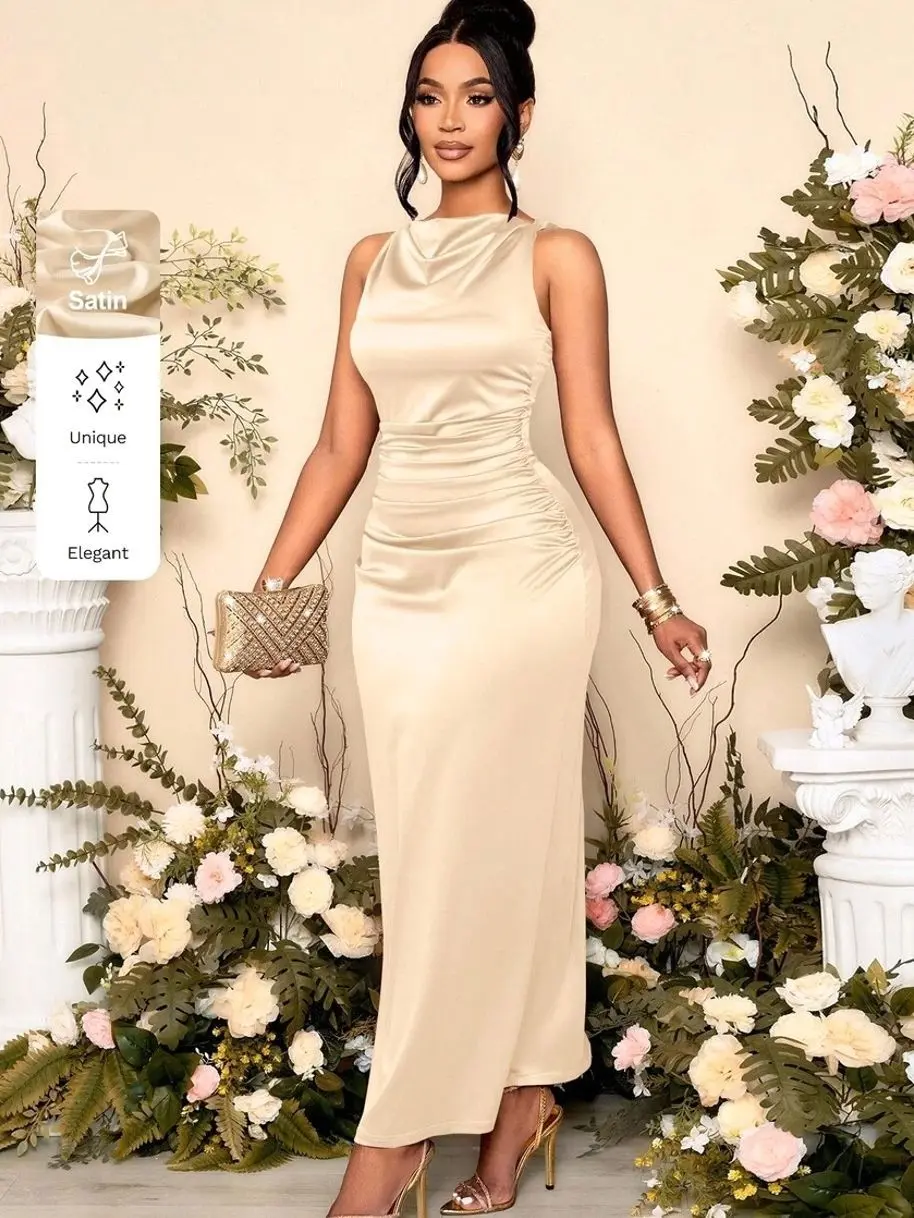 Solid Drape Neck Ruched Sleeveless Dress - Elegant Party & Banquet Attire