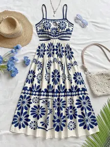 Women's Tropical Floral Vintage Print Cut Out Tie Waist a Line Midi Dress, Womenswear, Casual, Boho, Vacation Style Resort Wear, Elegant Summer Clothing