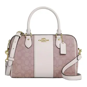 COACH Rowan 25 Medium Leather Shoulder Bag with Signature Stripe Pattern in White and Purple for Women