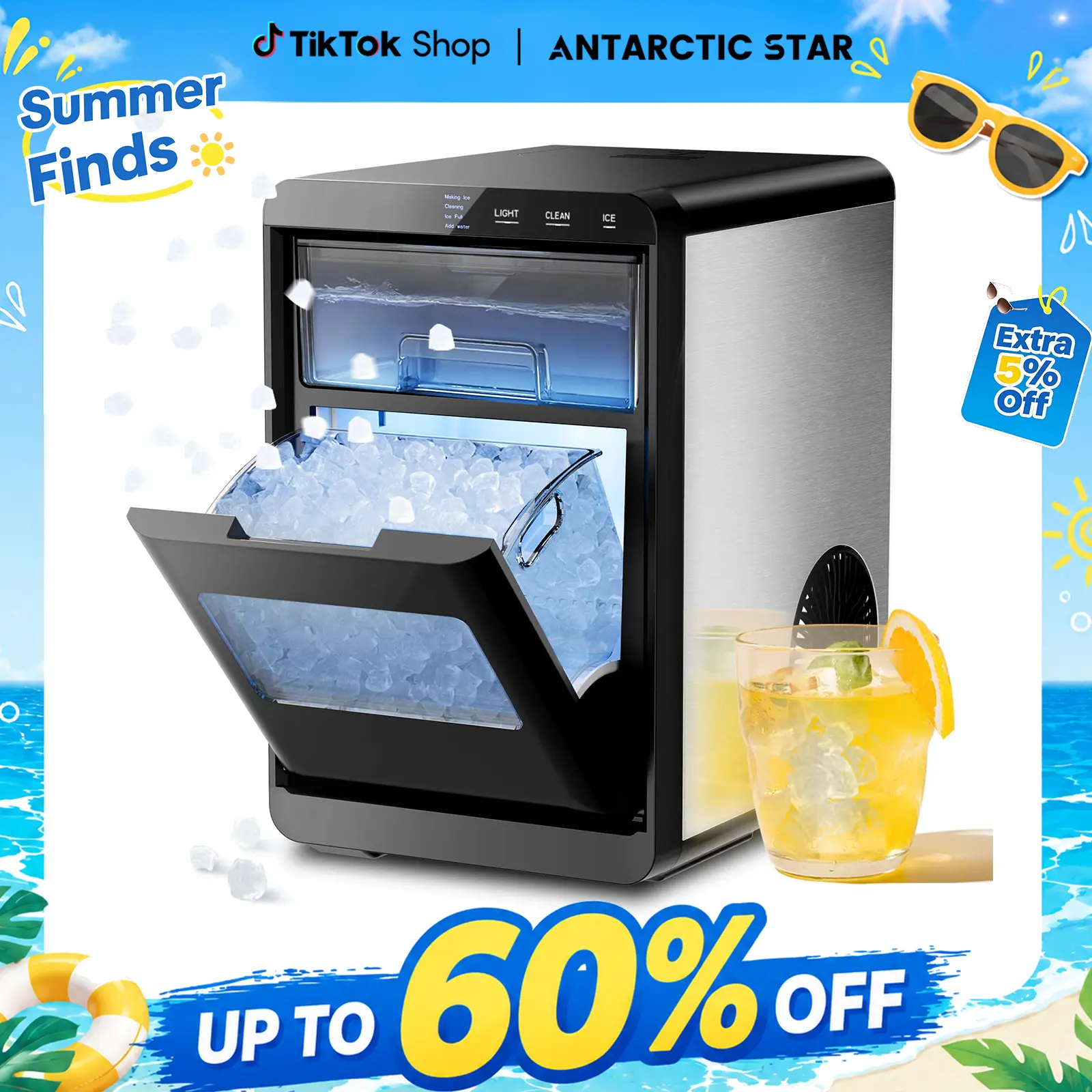 Antarctic Star Nugget Ice Maker, 10-15min quick make, 45Lbs/Day, Clear Visual double door, Self-Cleaning,24HTimer, Enhanced Insulation for various beverages/Fresh/Direct consumption,for Home/Office/Bar/Party Icemakermachine