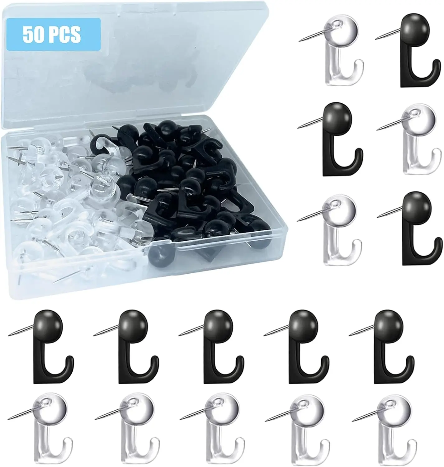 50 PCS Push Pin Hooks, Plastic Heads Cork Board Hooks Decorative Thumb Tacks Hook for Photo Wall, Bulletin Board, Home Wall, Home Office School Supplies (Black and Clear)