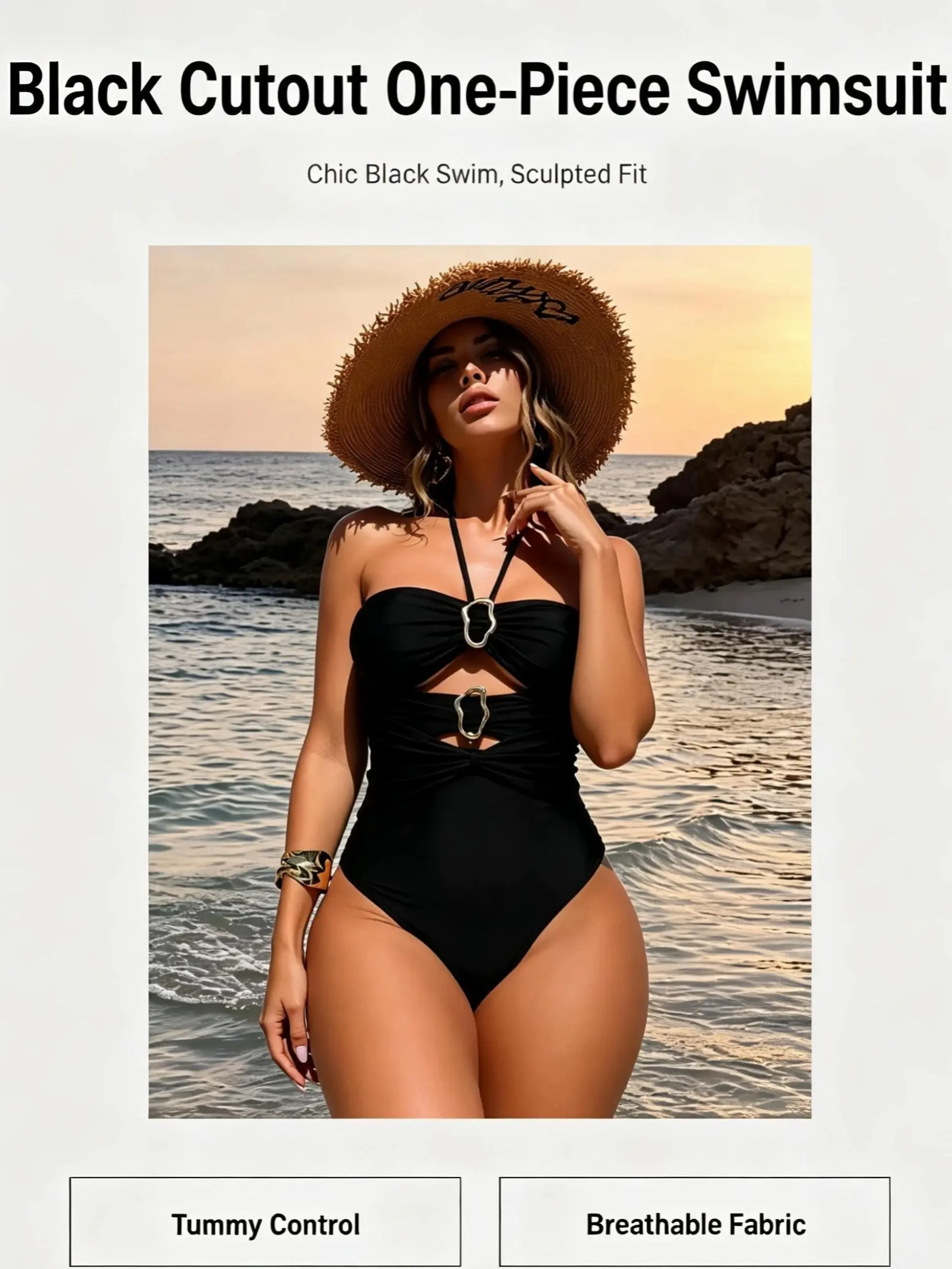 Women's Metallic Gold Ring Cutout Halter 1-Piece Swimsuit - Solid Black High-Cut, Ruched Tummy Control, Breathable, Anti-Deformation Slimming Swimwear for Beach, Pool Vacations
