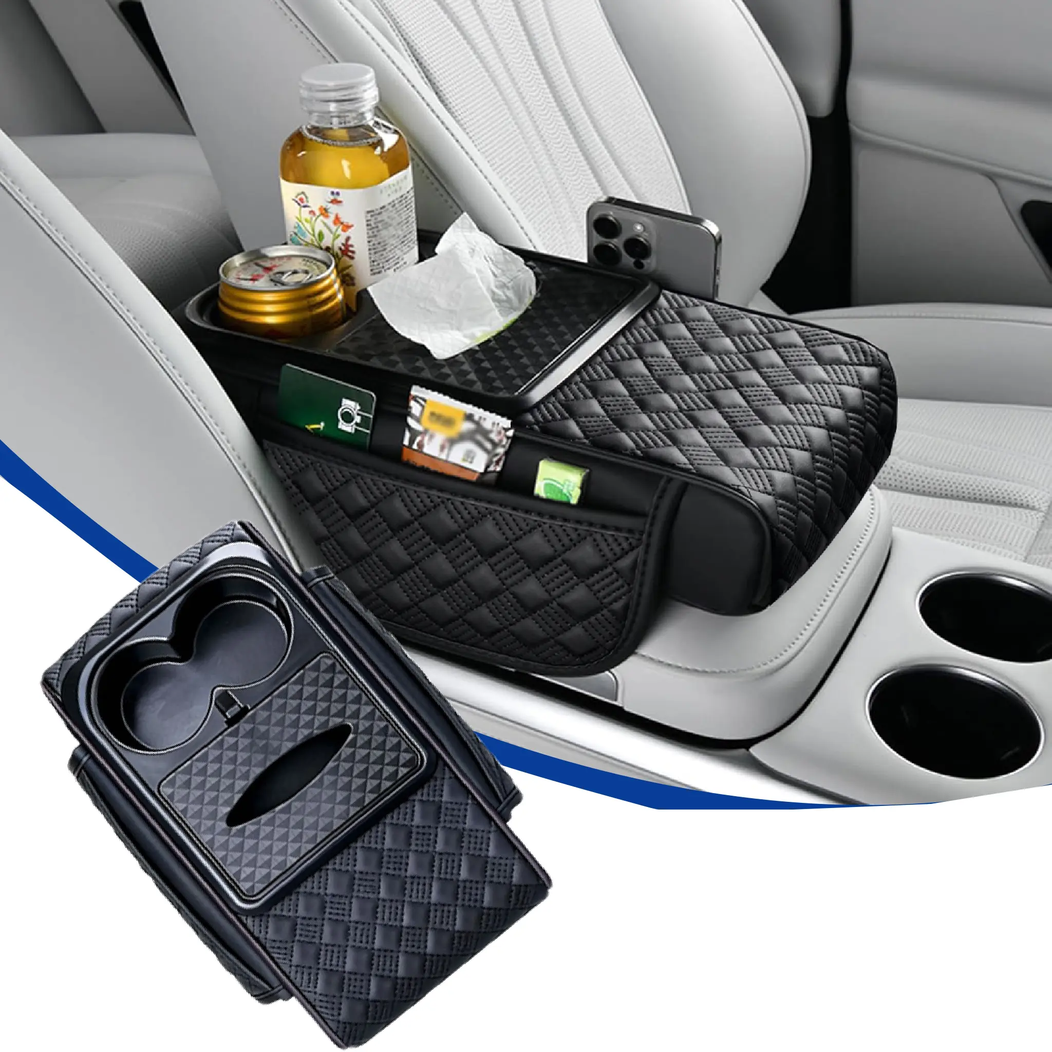 4 in 1 Universal Car Armrest Pad - PU Leather Center Console Cover Protector with Cup Holder, 2 Side Bags, Tissue Holder, 14 x 8 x 3 inches All-Seasons Multifunctional Hand Rest Cushion