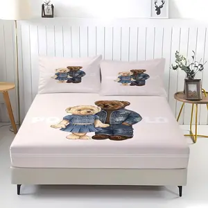 A pair of teddy bear patterned printed bed sheets, including 1 bed sheet and 2 pillowcases, with anti slip dust covers suitable for bedrooms and guest rooms, suitable for personal use or gift giving