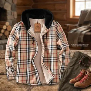 Men's Cotton Plaid Long Sleeve Shirt Jacket - Fleece Lined Flannel Sherpa Button Down Coat with Hood, Warm Casual Winter Outdoor Wear, Comfortable Breathable Layering Essential for Daily Use and Cold Weather Activities
