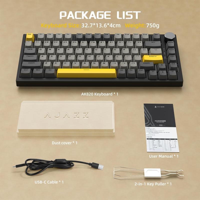 AJAZZ AK820 Wired Mechanical Switch Gaming Keyboard with Knob 75% Keyboard Hot Swappable Type-C Wired Gasket 5-Layer Noise Absorbing Foam LED Backlit NKRO Linear for PC/Win/Mac