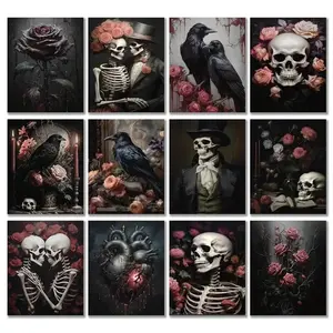 Skull & Flower Pattern Unframed Painting, 12pcs/set Dark Raven & Skull Poster, Aesthetic Picture, Unique Artwork for Home Living Room Bedroom Decor, Ornaments, Halloween, Decorative Wall Art, Unframed Art Print