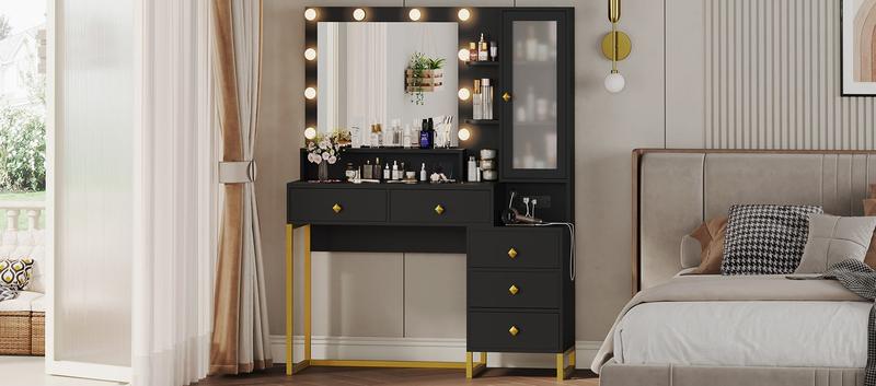 Sikaic Large Makeup Vanity with Nightstand Mirror and Lights & Charging Station 5 Drawers and Storage Shelves Sikaic Large Makeup Vanity with Nightstand Mirror and Lights & Charging Station 5 Drawers and Storage Shelves