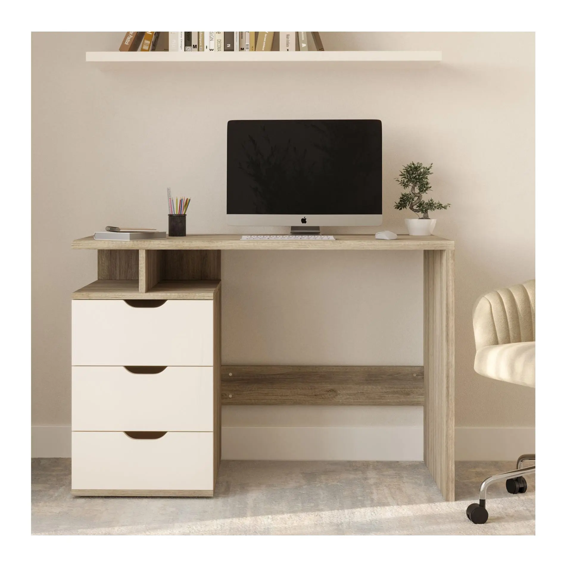 Lavish Home Computer Desk with Attached 3-Drawer Cabinet