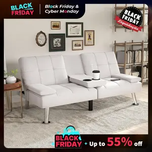 [TikTokShopBlackFriday]EBELLO  Futon Versatile Sofa Bed with Cup Holders USB Port Foldable 2-Seater Guest Bed for Living Room Gray,  Sofa Bed- Elegant