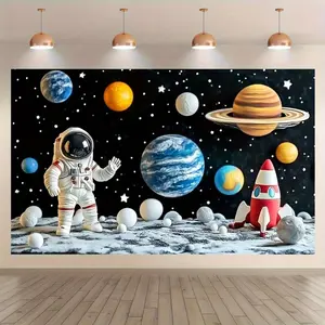 Space Themed Birthday Party Backdrop, 1 Count Cartoon Outer Space Banner, Celebrations Photography Background, Space Party Decorations