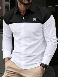 Men's Long Sleeve Casual Fashion Shirt Top, Colorblock Aesthetic Knight Embroidery Durable Fabric, Comfortable Wedding Party Daily Wear, Fitted Style, Color Block Shirts