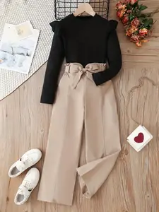 Two-Piece Set Girl's Solid Ruffle Trim Tee & Belted Paper Bag Waist Pants Set, Casual Round Neck Long Sleeve Top & Trousers for Fall & Winter, Kids Clothes for Daily Wear, Fashion Style Sets