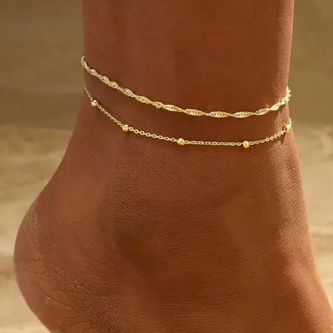 2 Pcs Gold Ankle Bracelets Set for Women, Waterproof 14K Gold Plated Cuban Link and Beaded Stackable Bracelets, Non-Tarnish Lightweight Custom Jewelry Gifts Layered Anklet