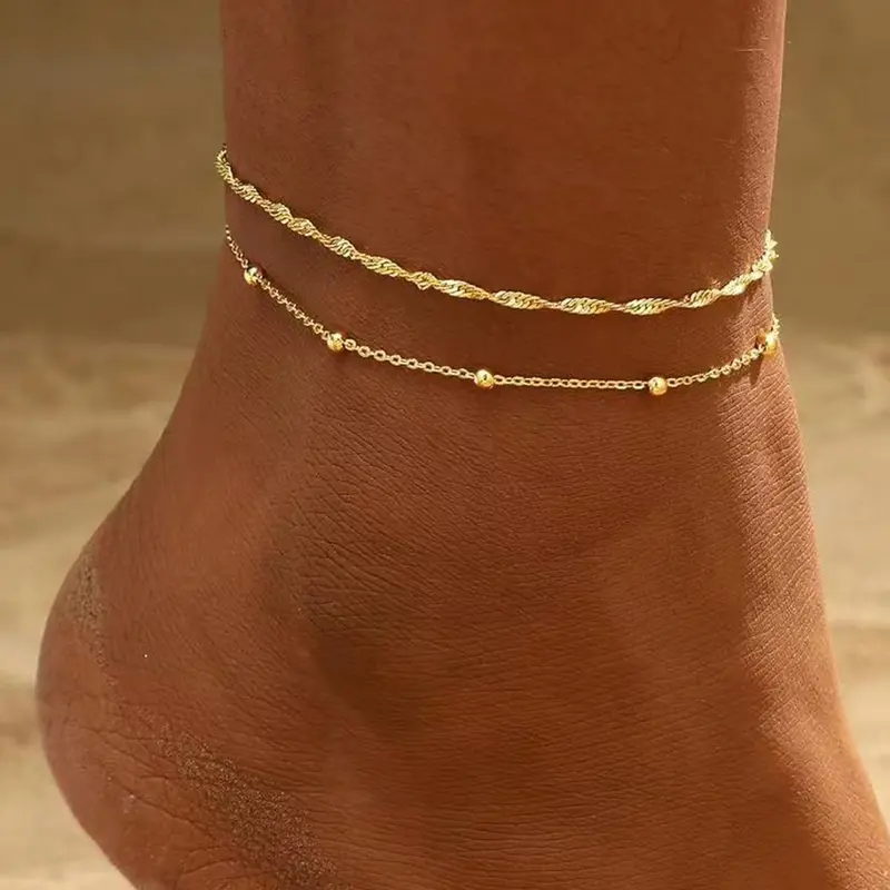 2 Pcs Gold Ankle Bracelets Set for Women, Waterproof 14K Gold Plated Cuban Link and Beaded Stackable Bracelets, Non-Tarnish Lightweight Custom Jewelry Gifts Layered Anklet
