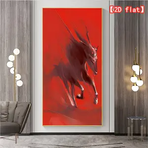 2D flat large hit decorative painting, unicorn illustration on red background, frameless, interior decoration | vintage poster print wall art, vintage wall art